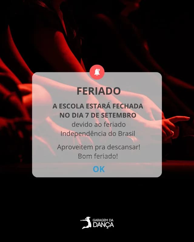 Na próxima segunda-feira, 7 de setembro, a Garagem da Dança estará fechada devido ao feriado da Independência do Brasil.